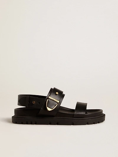 Women's Lucy sandal glossy black leather with gold metal buckle