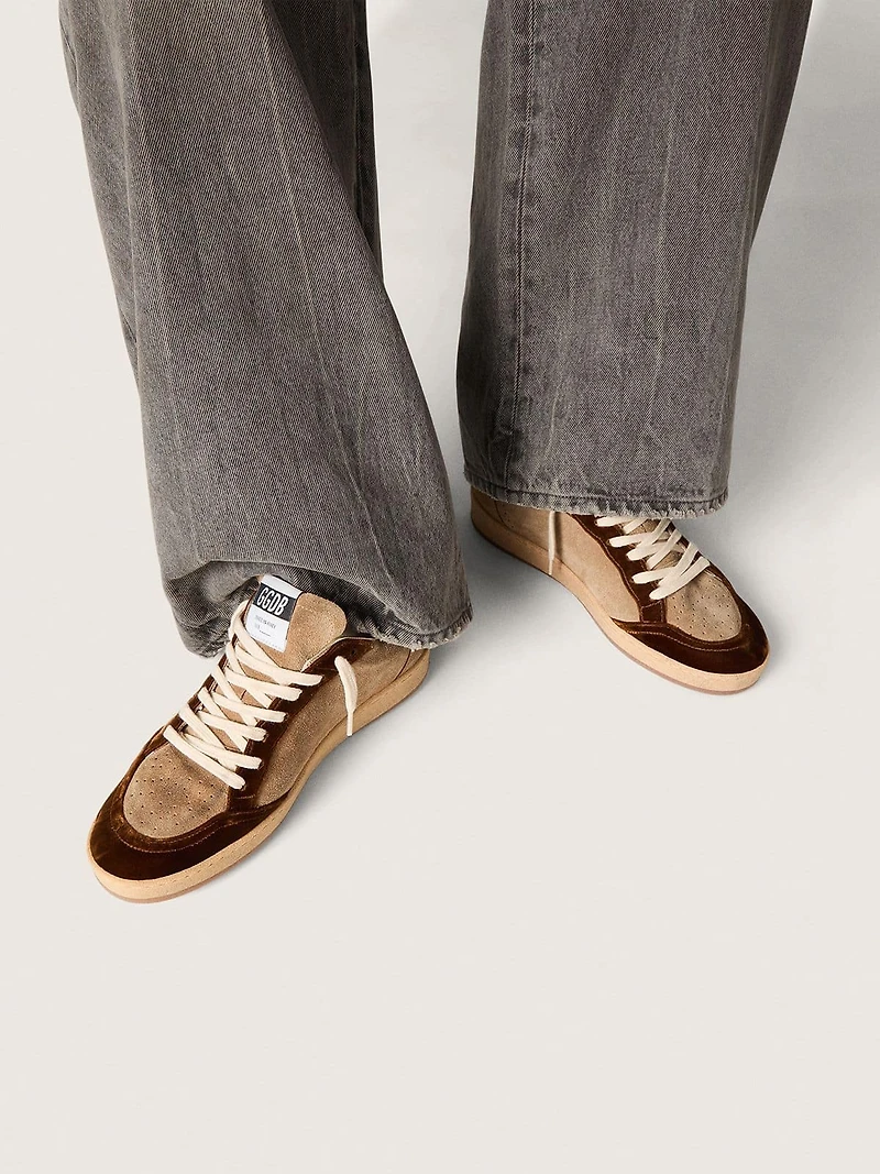 Women's Ball star tobacco suede with white leather and cognac velvet inserts