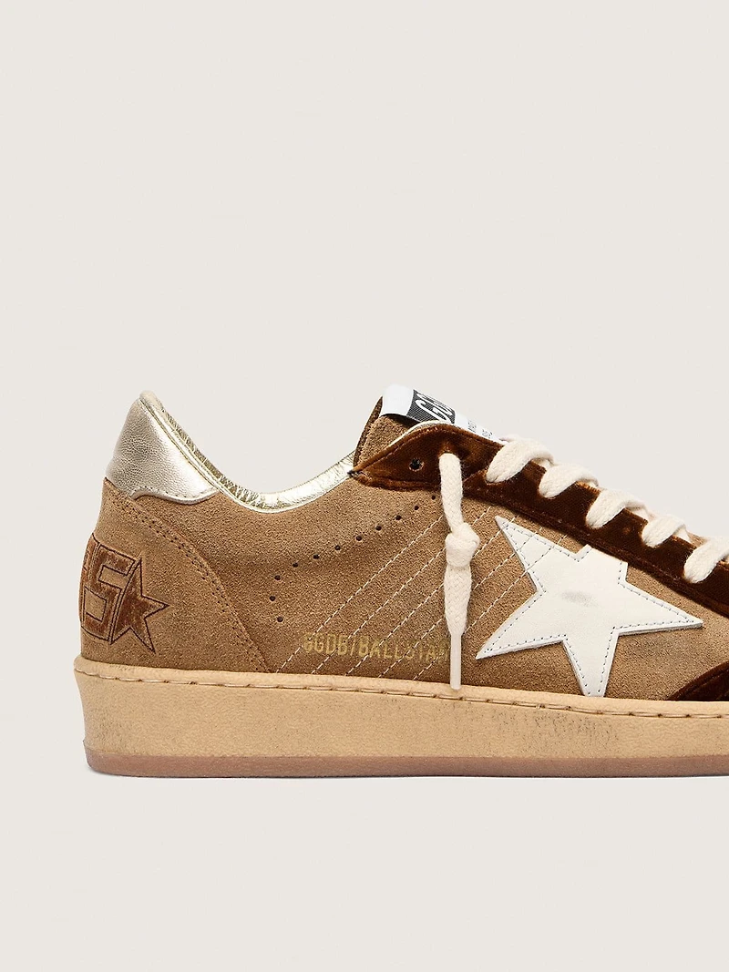 Women's Ball star tobacco suede with white leather and cognac velvet inserts