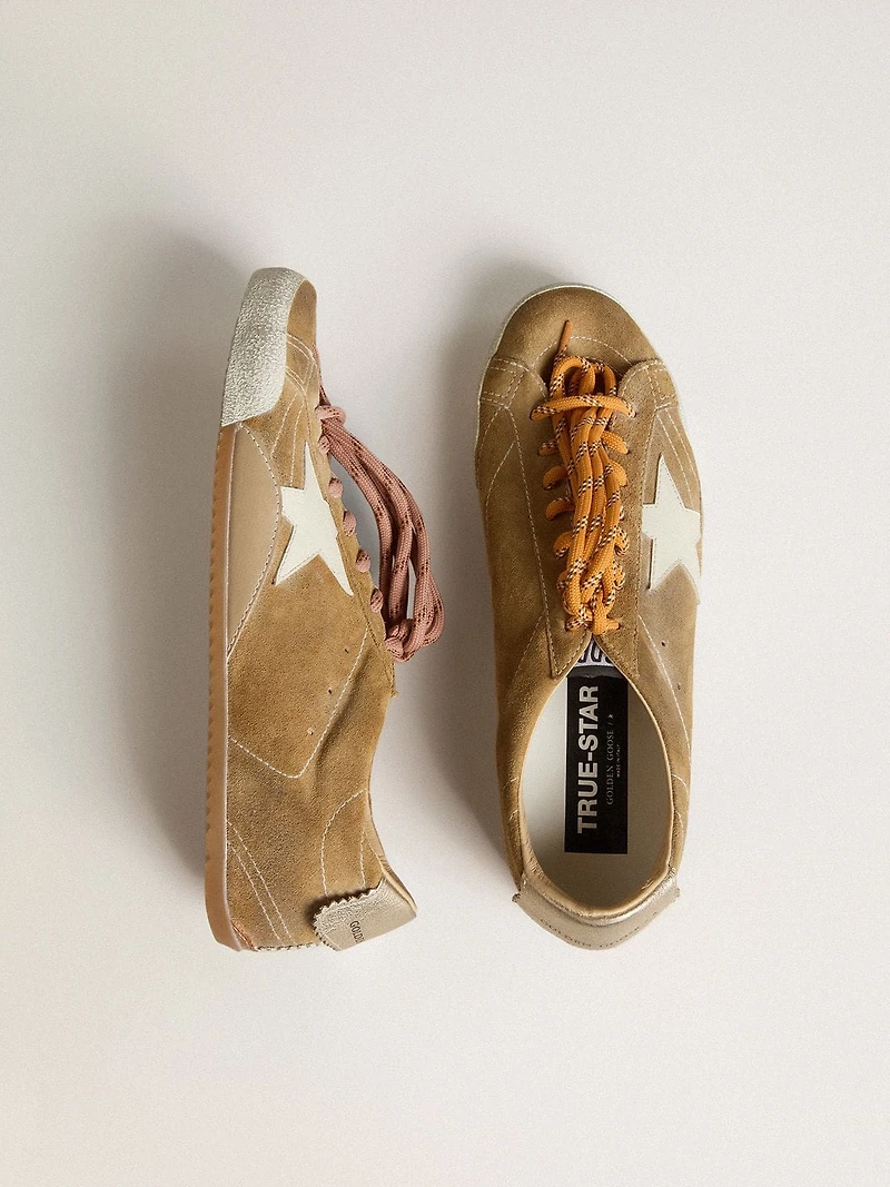 Women's True-Star tobacco-colored suede with white star and platinum heel tab