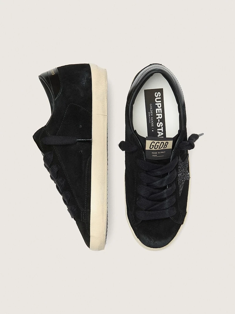 Women's Super-Star LTD black suede with glitter star and leather heel tab