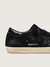 Women's Super-Star LTD black suede with glitter star and leather heel tab