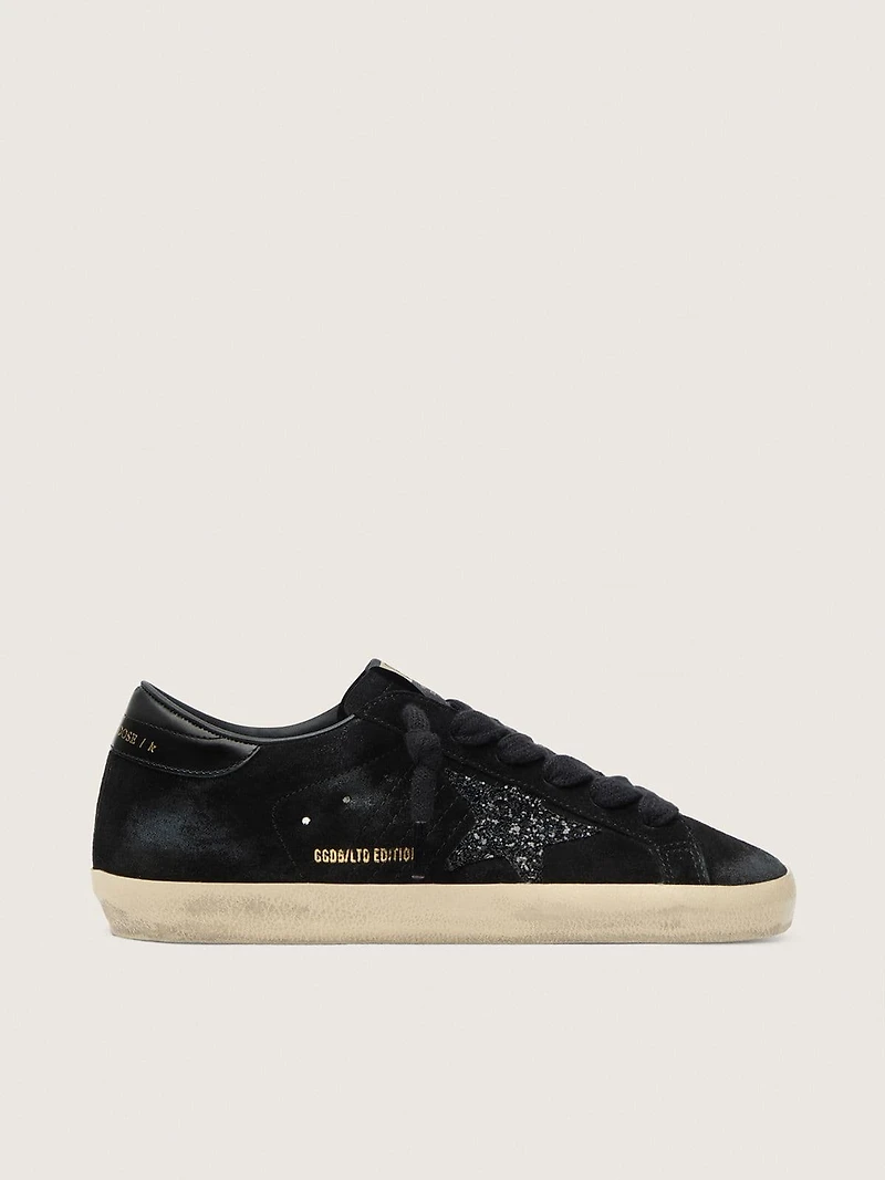 Women's Super-Star LTD black suede with glitter star and leather heel tab