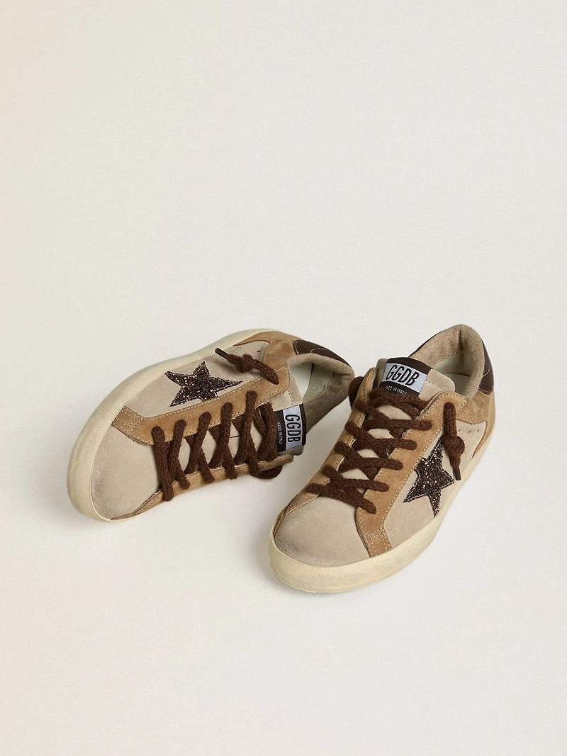 Women's Super-Star beige and brown suede with glitter star
