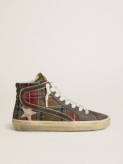 Women's Slide red tartan with silver nappa leather star and black suede flash