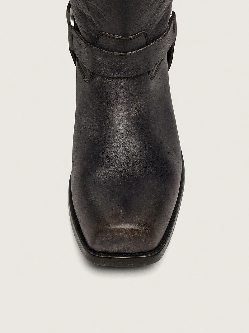 Women's high Biker boots black leather with strap and silver-colored buckle