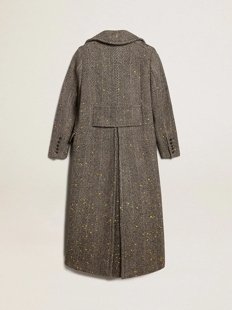 Women's long herringbone coat with yellow details