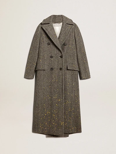 Women's long herringbone coat with yellow details
