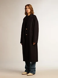 Women's single-breasted cocoon coat dark blue wool with gold button