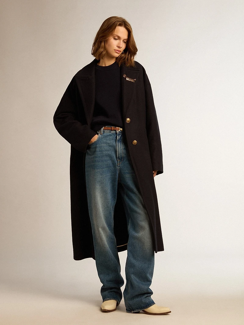 Women's single-breasted cocoon coat dark blue wool with gold button