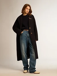Women's single-breasted cocoon coat dark blue wool with gold button