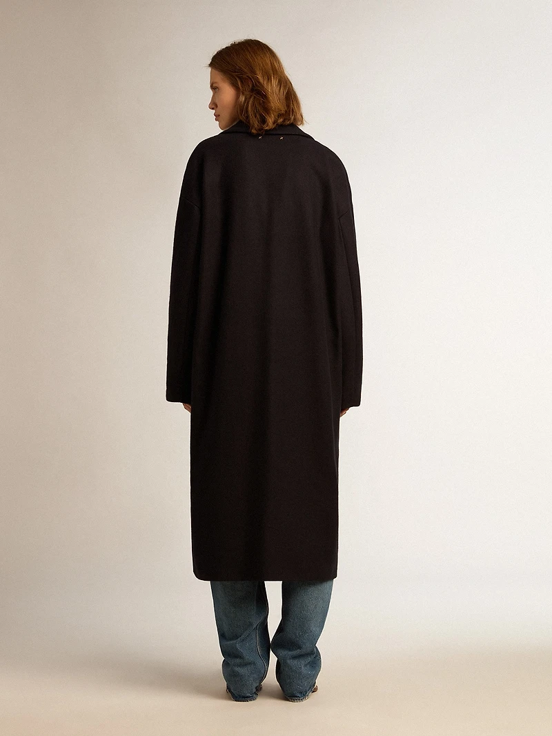 Women's single-breasted cocoon coat dark blue wool with gold button