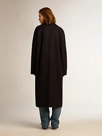 Women's single-breasted cocoon coat dark blue wool with gold button