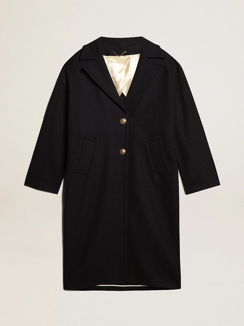 Women's single-breasted cocoon coat dark blue wool with gold button