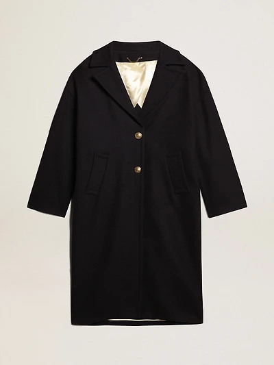 Women's single-breasted cocoon coat dark blue wool with gold button
