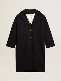 Women's single-breasted cocoon coat dark blue wool with gold button