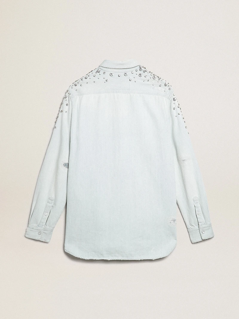 Women's bleached boyfriend shirt with cabochon crystals