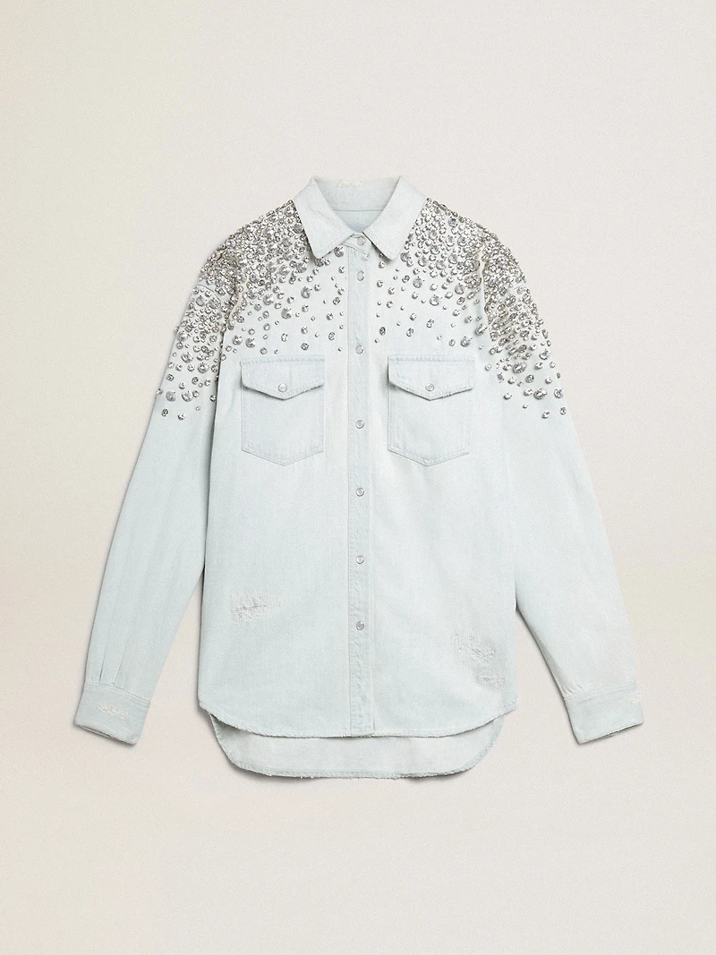 Women's bleached boyfriend shirt with cabochon crystals