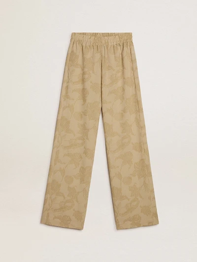 Women's pajama pants beige jacquard with floral pattern