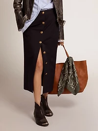 Women's pencil skirt dark blue wool with gold heraldic buttons