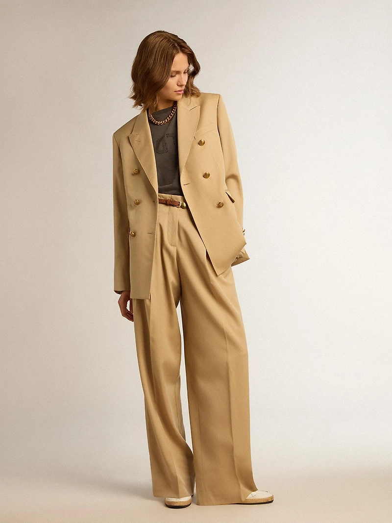 Women’s double-breasted blazer sand with gold heraldic buttons