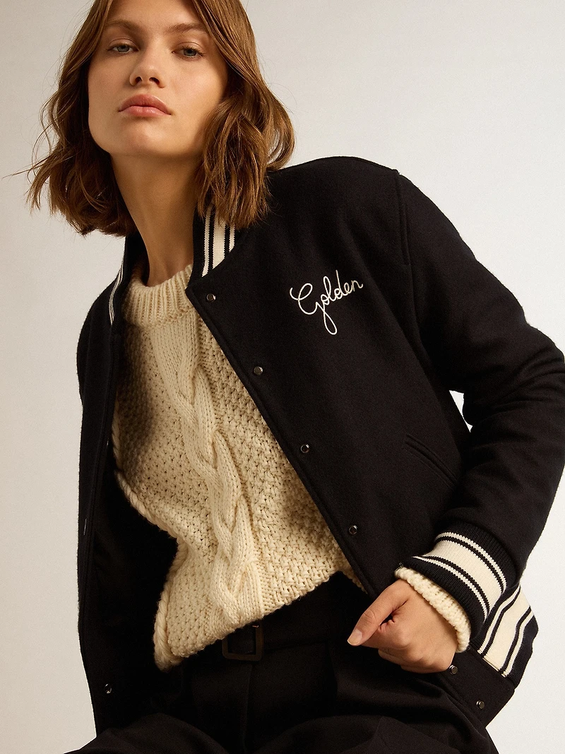 Women's bomber jacket dark blue wool with white details