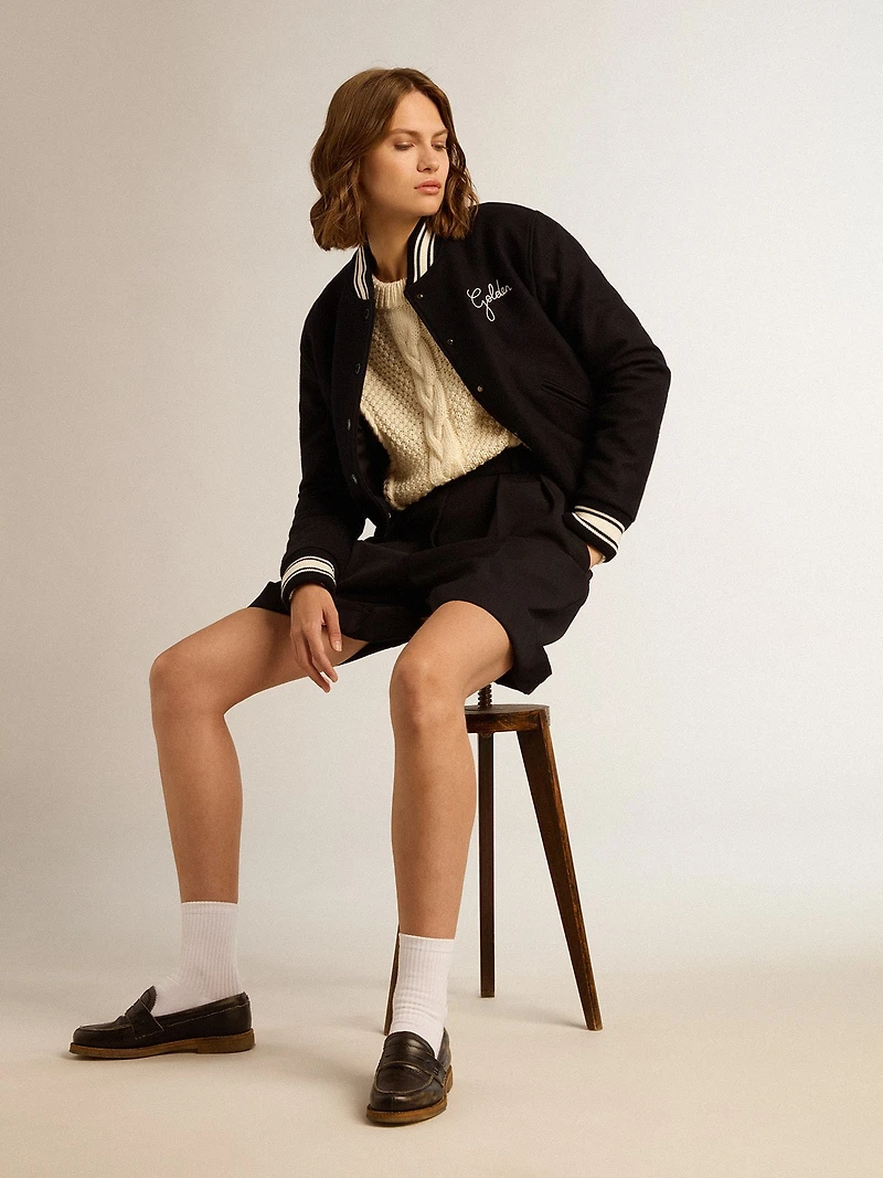 Women's bomber jacket dark blue wool with white details