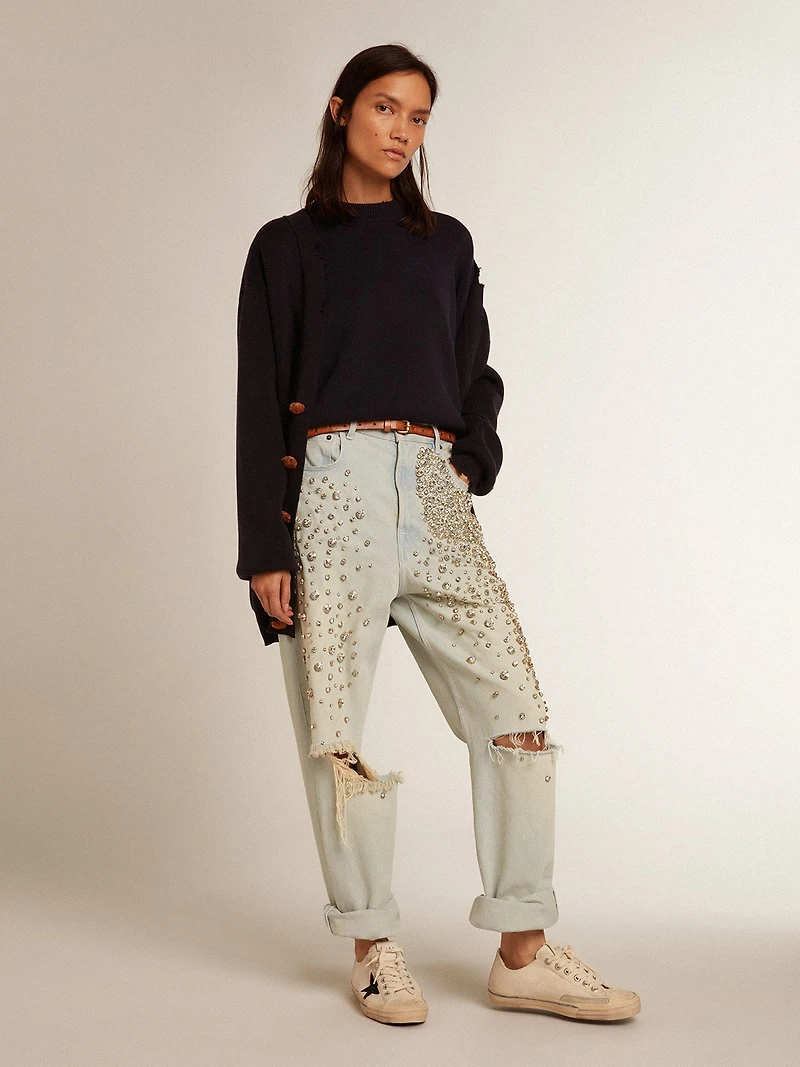 Women’s round-neck sweater dark blue cotton