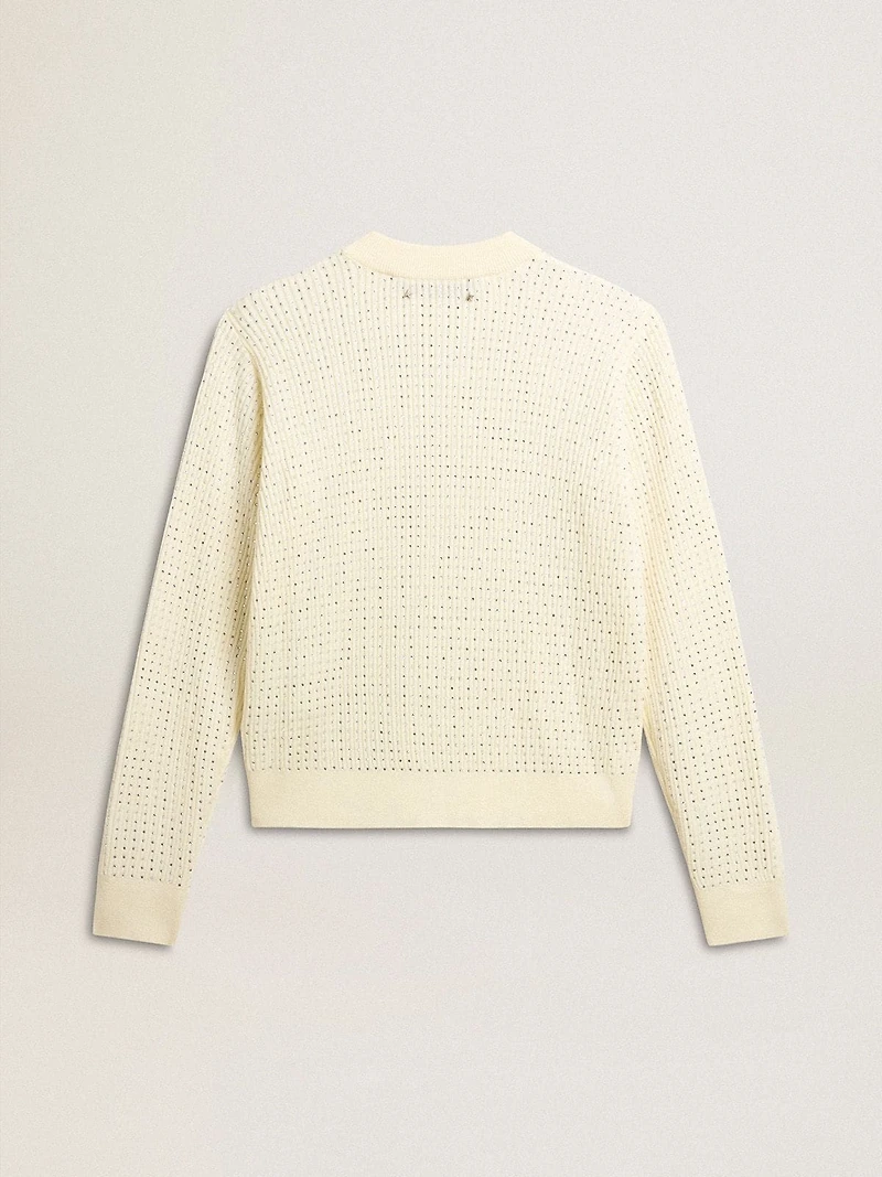 Women's crew-neck sweater white merino wool with all-over crystals