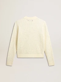 Women's crew-neck sweater white merino wool with all-over crystals