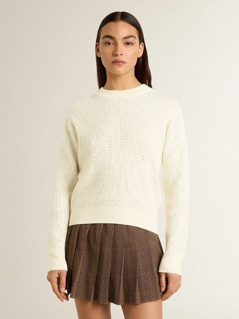 Women's crew-neck sweater white merino wool with all-over crystals