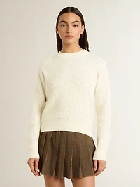 Women's crew-neck sweater white merino wool with all-over crystals