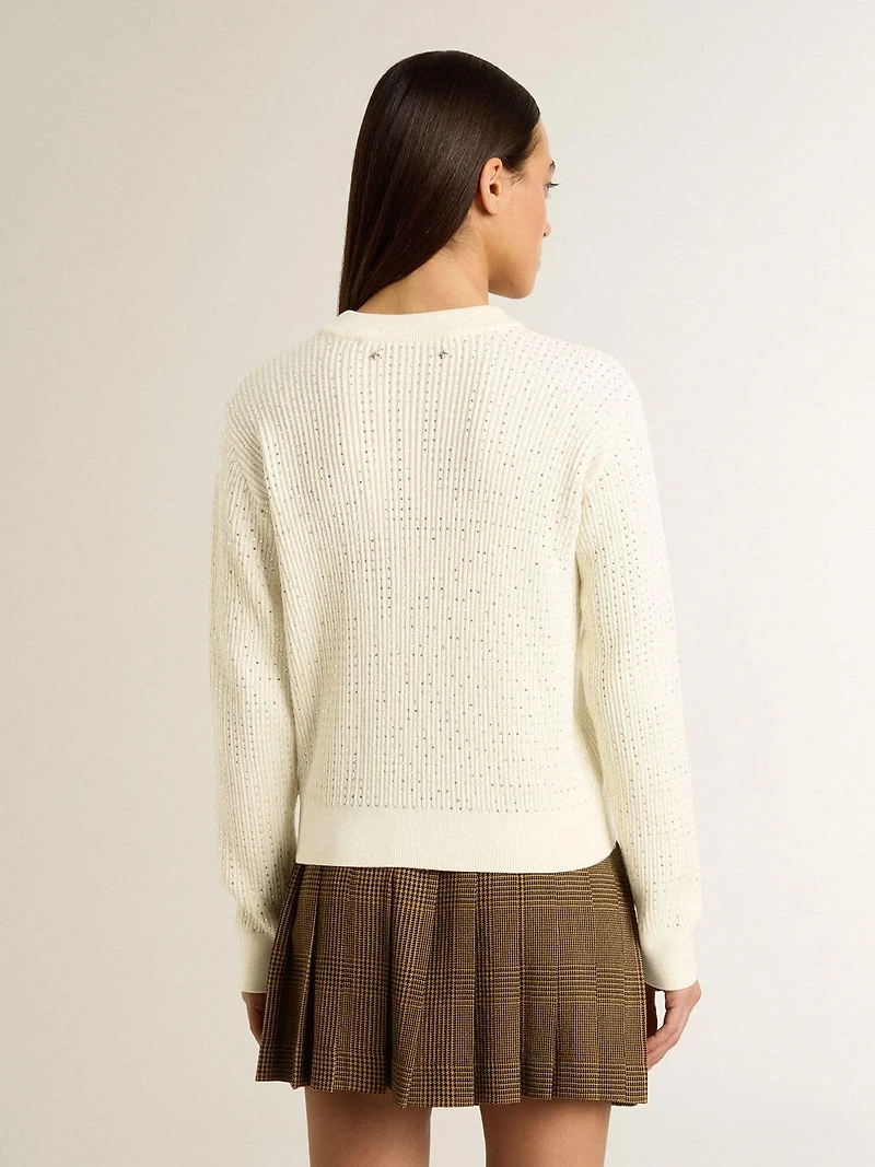 Women's crew-neck sweater white merino wool with all-over crystals