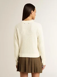 Women's crew-neck sweater white merino wool with all-over crystals