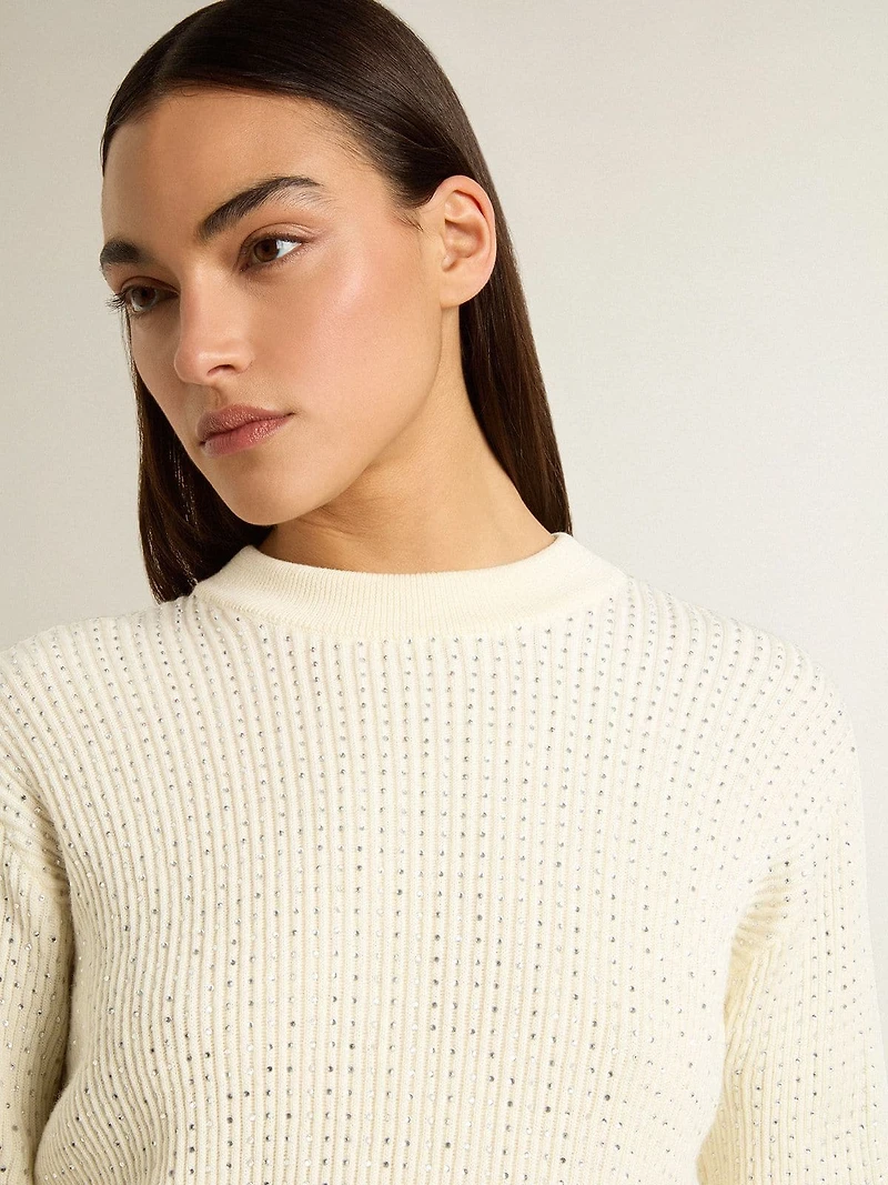 Women's crew-neck sweater white merino wool with all-over crystals