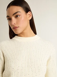 Women's crew-neck sweater white merino wool with all-over crystals