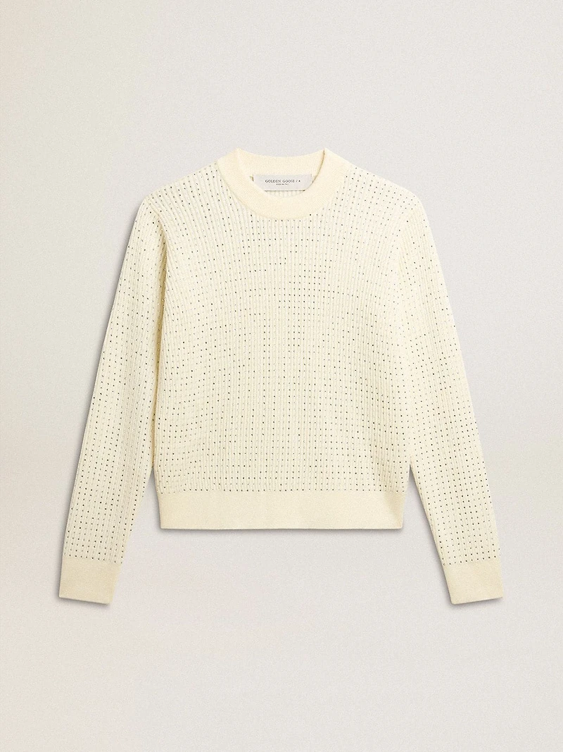 Women's crew-neck sweater white merino wool with all-over crystals