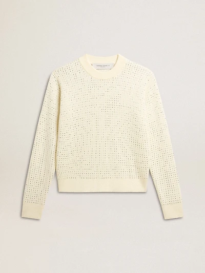 Women's crew-neck sweater white merino wool with all-over crystals