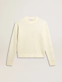 Women's crew-neck sweater white merino wool with all-over crystals