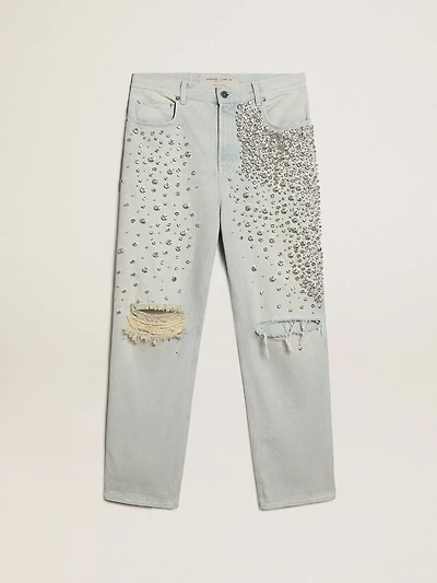 Women's bleached jeans with cabochon crystals
