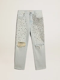 Women's bleached jeans with cabochon crystals