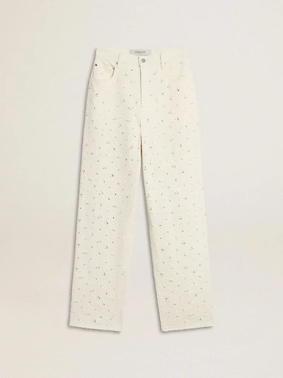 Women's white denim pants with beading and crystals