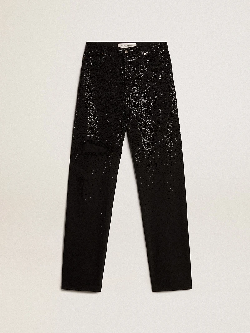 Women’s cotton denim pants with shaded-effect crystal decoration
