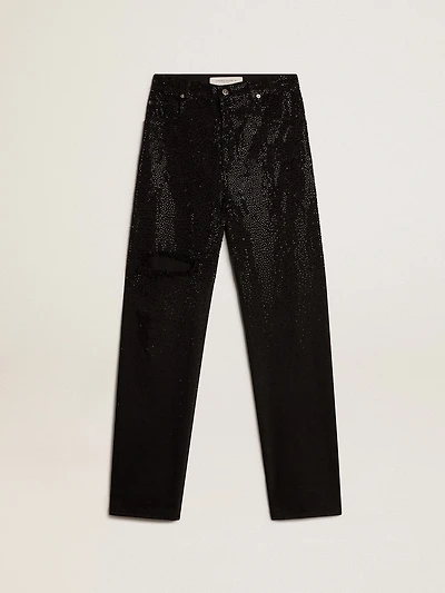 Women’s cotton denim pants with shaded-effect crystal decoration