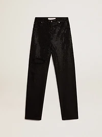 Women’s cotton denim pants with shaded-effect crystal decoration