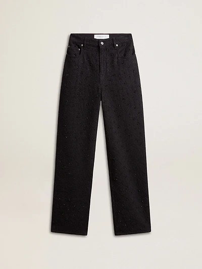 Women’s cotton denim pants with crystal and stone decoration
