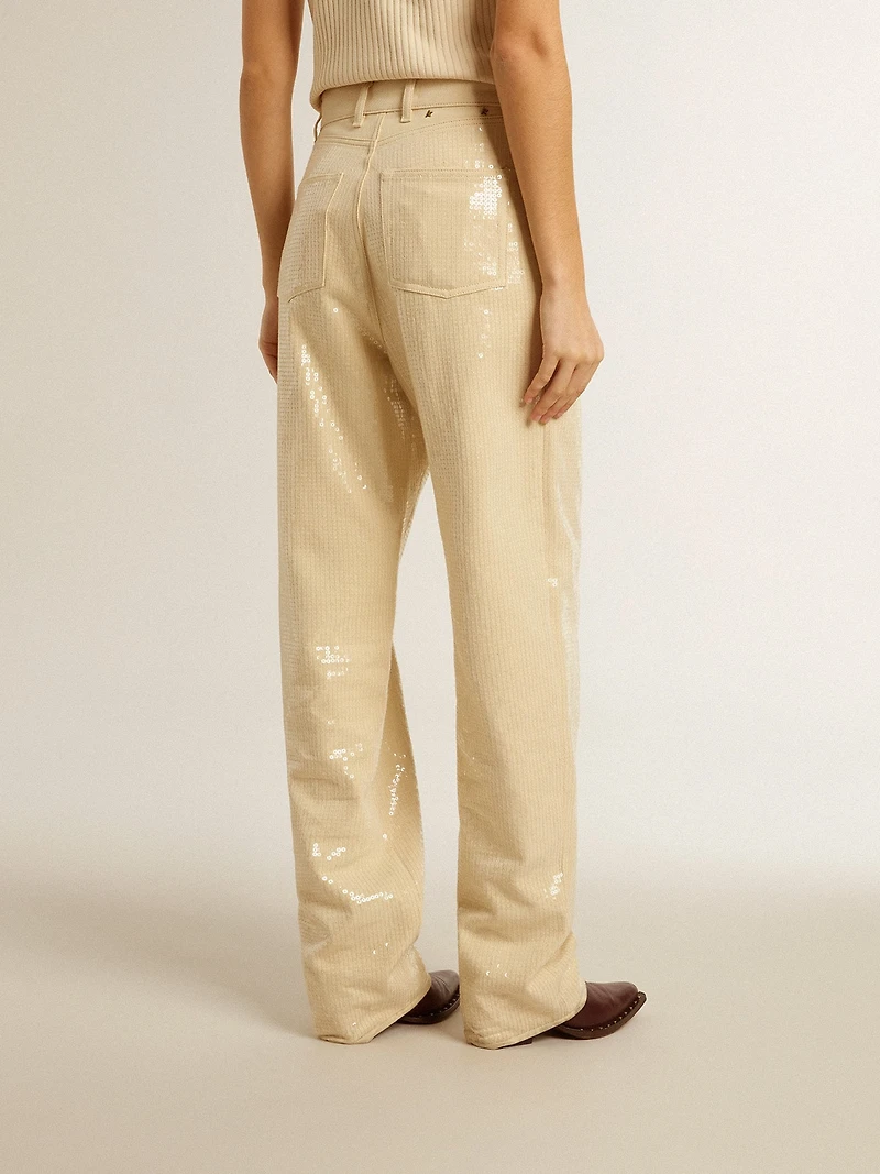 Ecru pants with transparent all-over sequins
