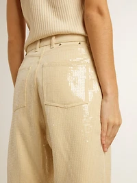 Ecru pants with transparent all-over sequins