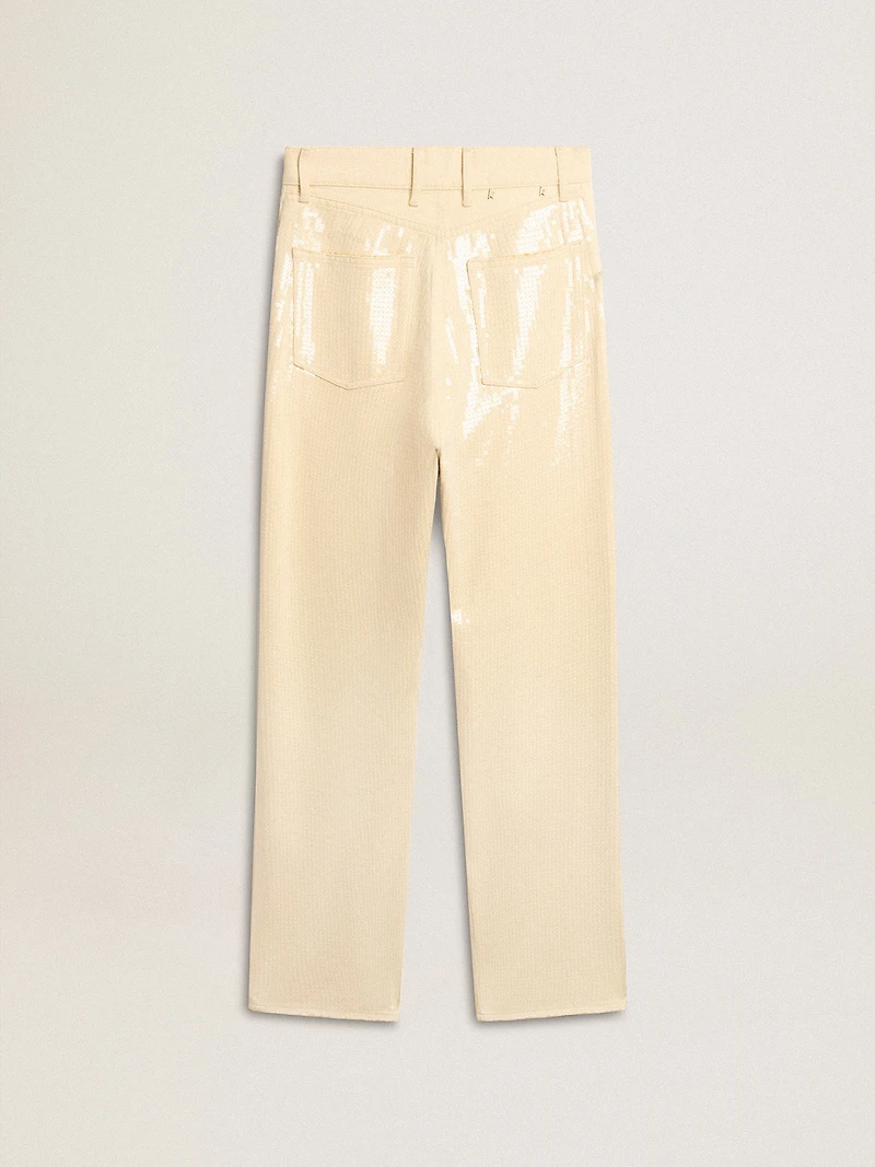 Ecru pants with transparent all-over sequins