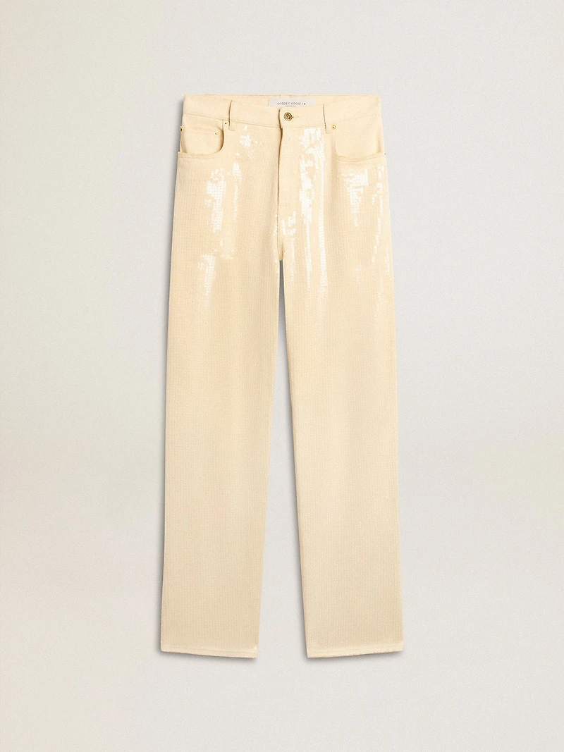 Ecru pants with transparent all-over sequins